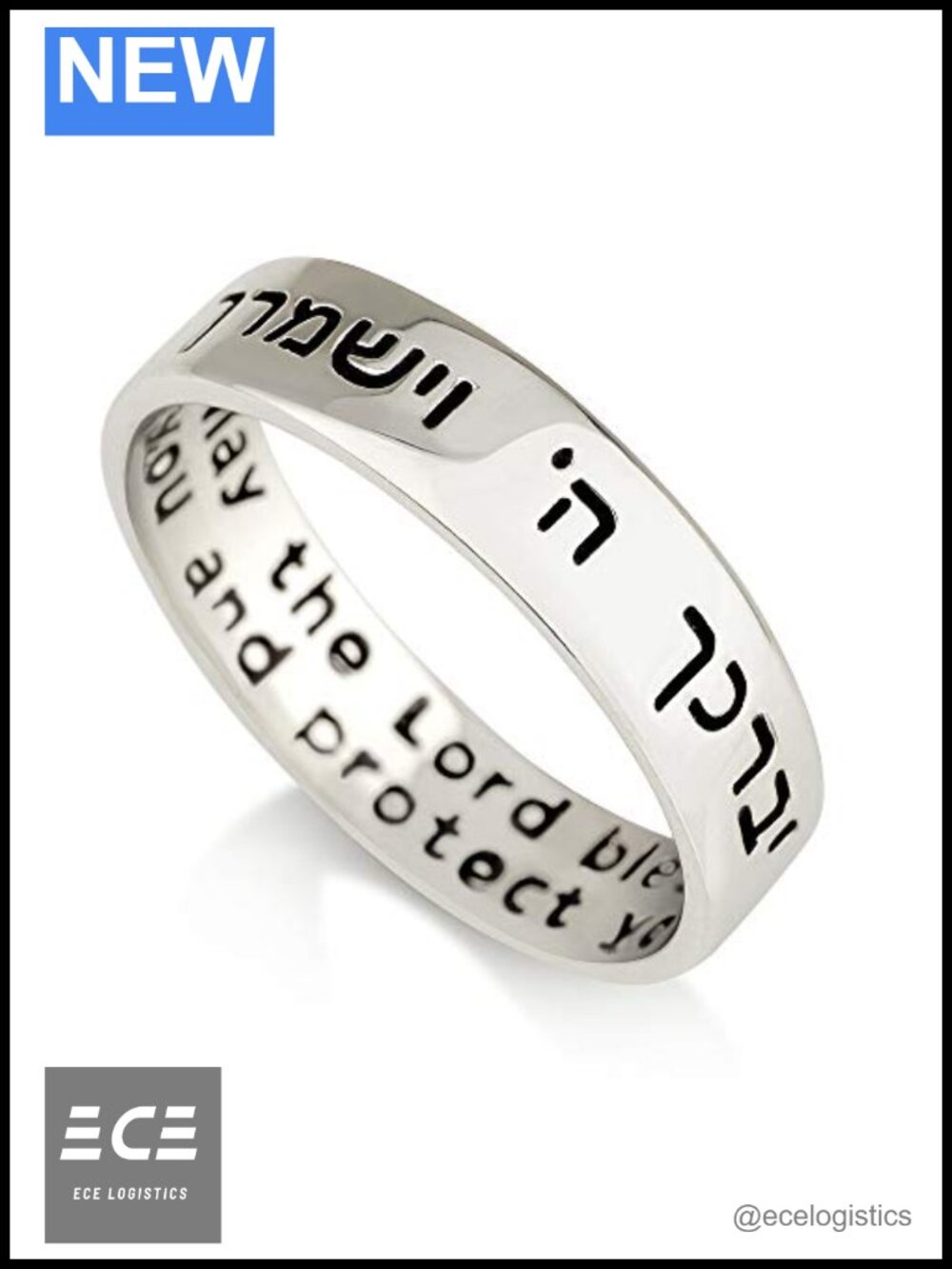 925 Sterling Silver Hebrew Blessing Ring Rhodium Plated Band
